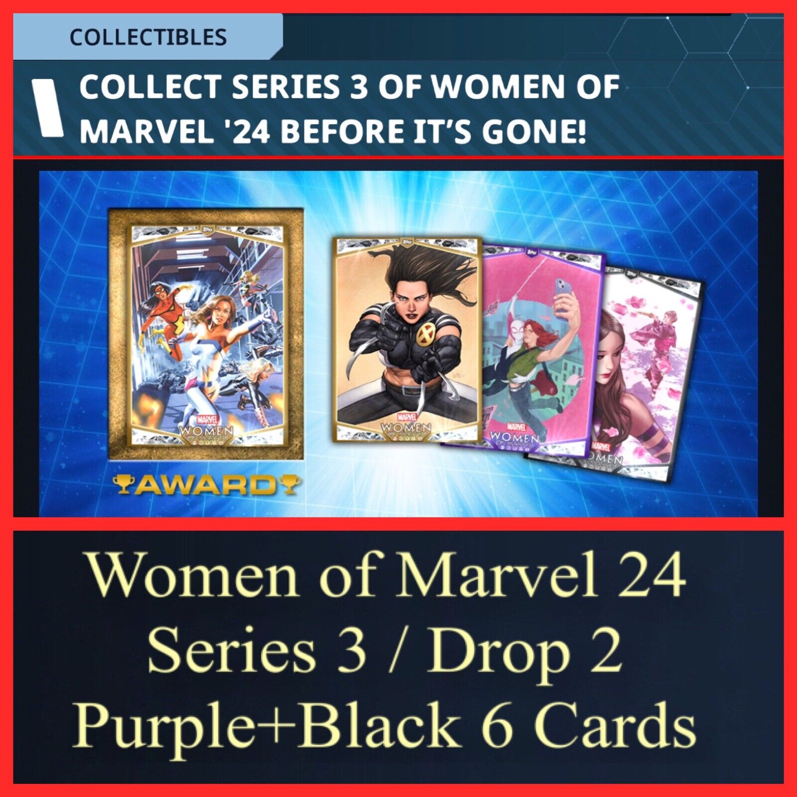WOMEN OF MARVEL ‘24-SERIES 3/DROP 2 PURPLE+BLACK 6 CARDS-TOPPS MARVEL COLLECT