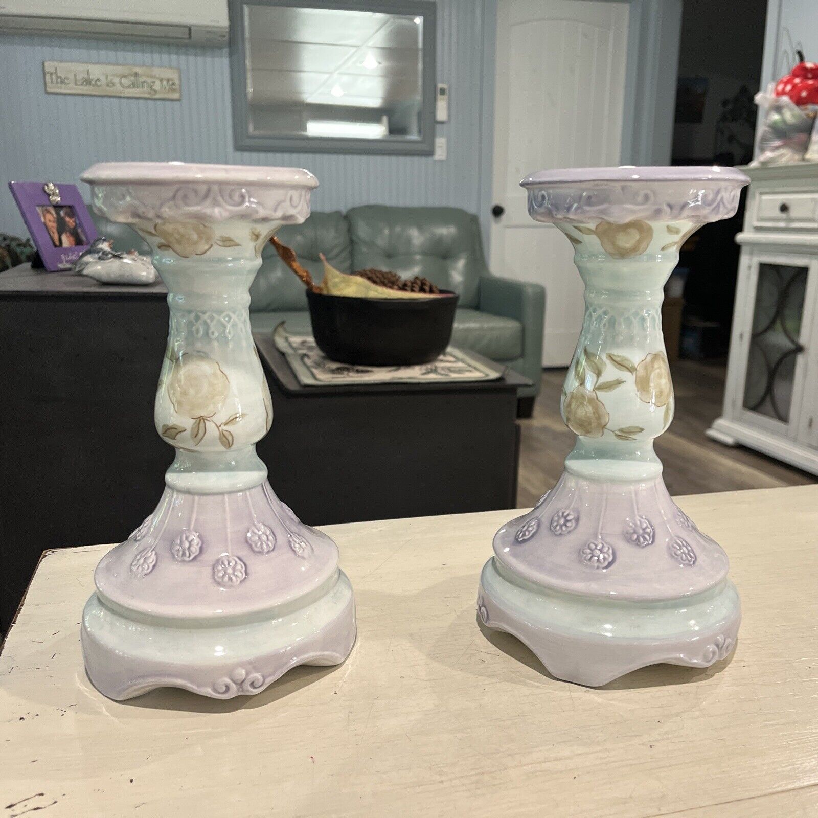 ONE PAIR Tracy Porter Handpainted Ceramic Candle stick holders￼ Prairie 9” ￼￼