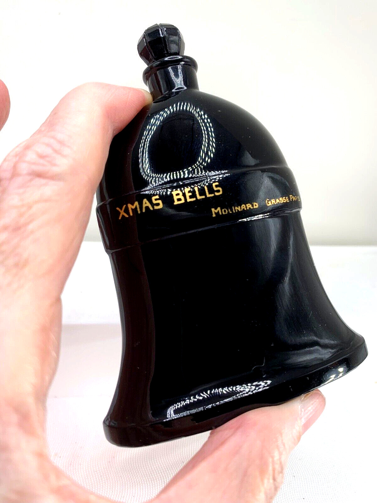Magic Black A-etched VTG perfume bottle.  X-Mas Bells, Molinard. SEE TOP.  1926