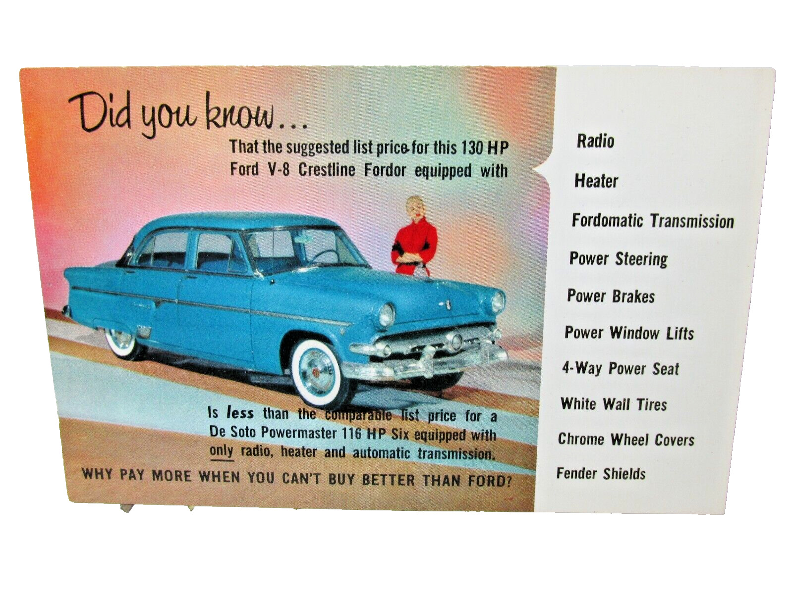 1954 Ford Crestline Vintage Advertising Postcard Vintage Automobile Ad