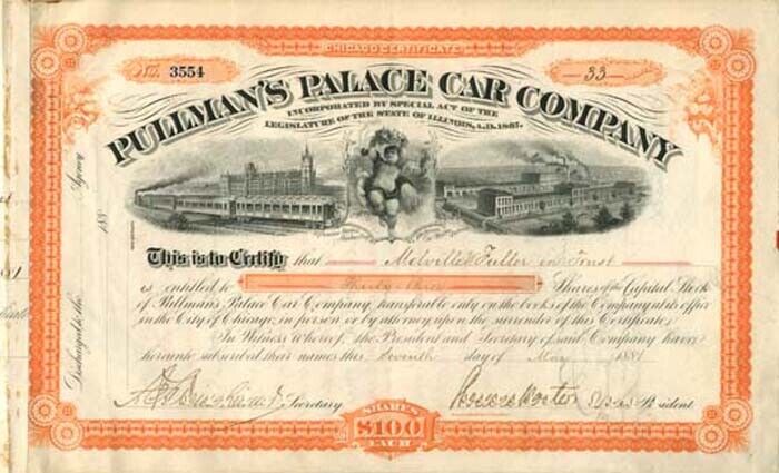 Pullman's Palace Car Co. signed by Chief Justice Mellville W. Fuller - Stock Cer