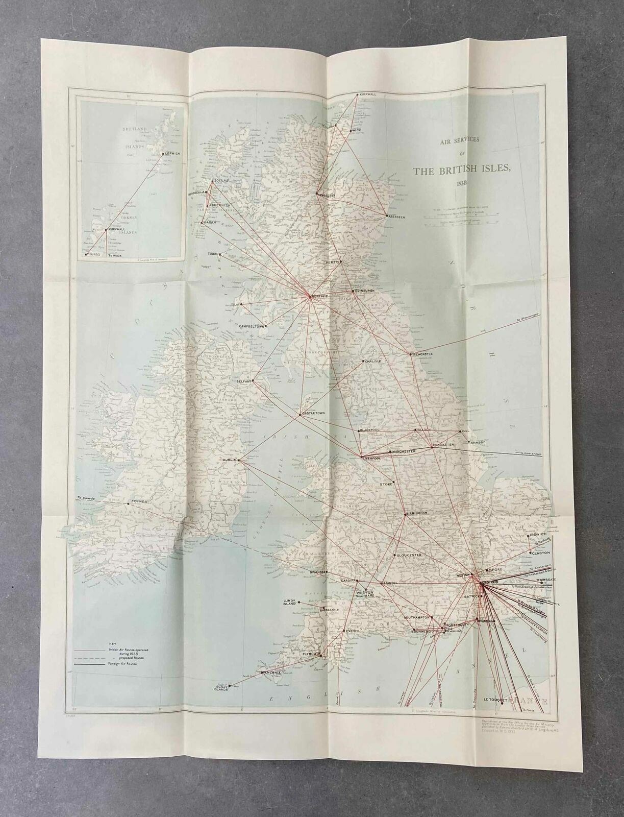 AIR SERVICES OF THE BRITISH ISLES 1938 LARGE VINTAGE AVIATION AIRLINE ROUTE MAP