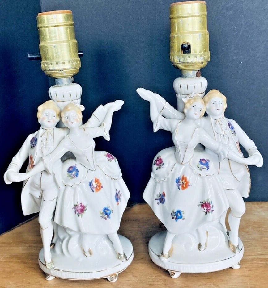 Victorian Boudoir Lamps  Couples Matching Pair Porcelain Japan Vintage Good