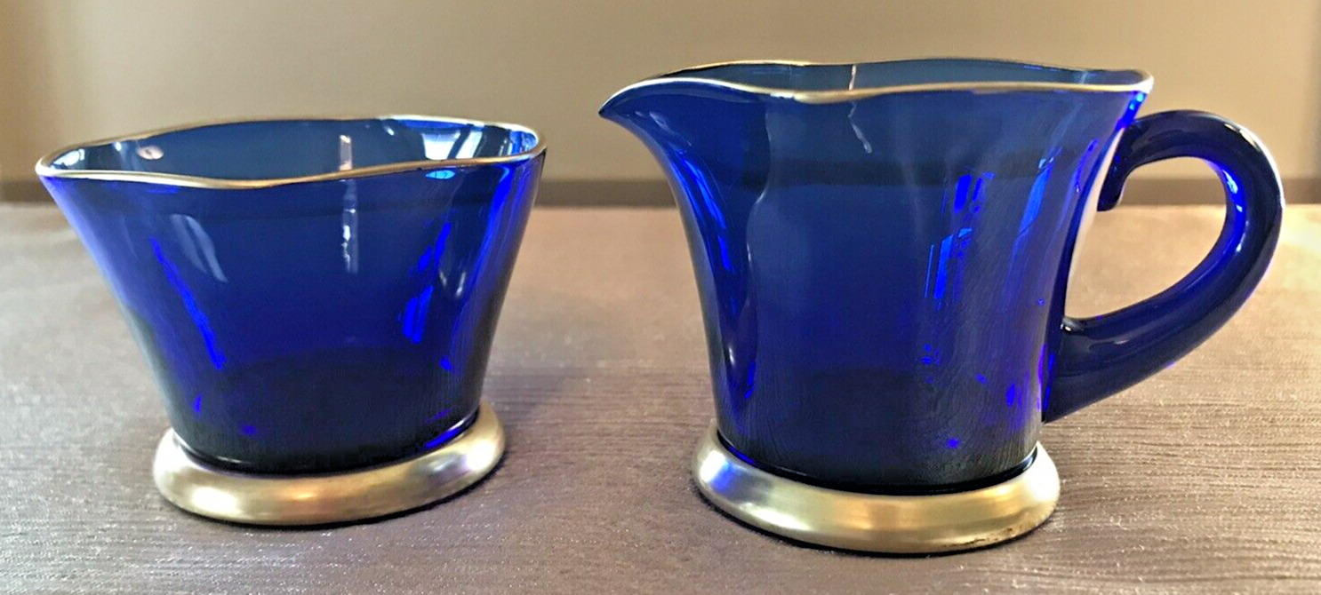 Cobalt Blue Glass Creamer & Sugar Bowl Trimmed in Gold, Vintage, Petite Size