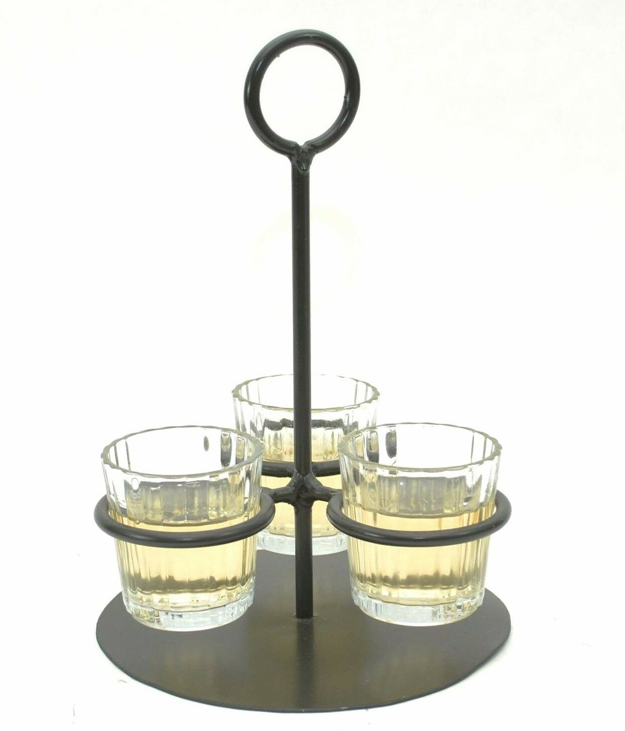Mescal/Tequila Flight Iron Stand w/ 3 Vaso Veladora Cross Glasses-8.5 Inches H
