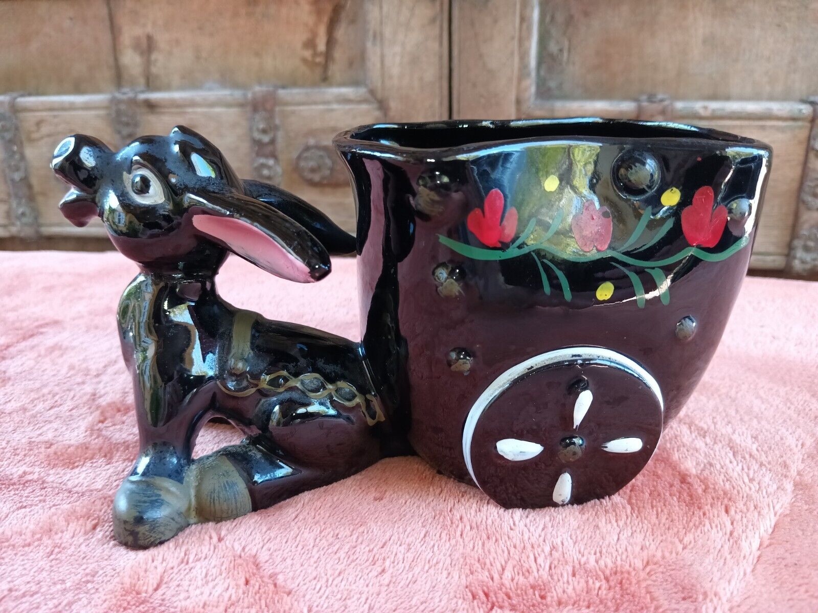 Vintage Handpainted Pottery Redware Donkey Burro Cart Planter Vase Succulents 