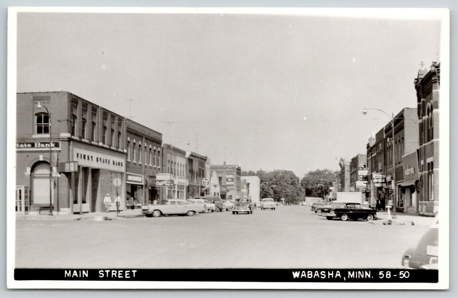 Wabash MN First State Bank~Western Auto~Nice 1950s Cars~Drinking Fountain~RPPC
