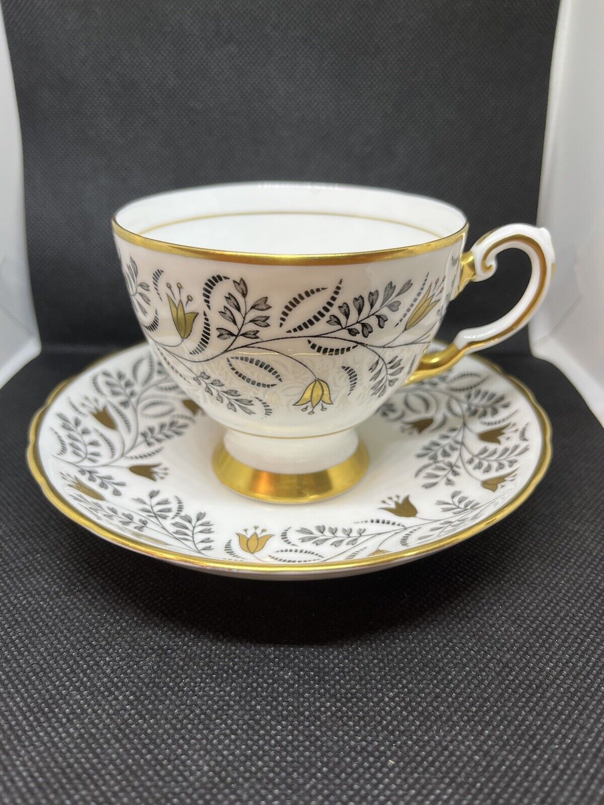 Vintage Tuscan Fine English Bone China Cup and Saucer Gold Grey Floral D 1032