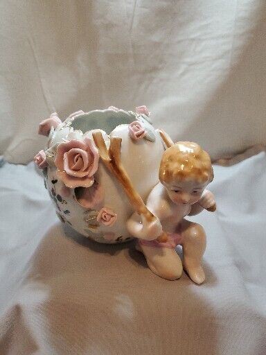 Vintage Hand Painted Basket And Cherub Bone China Applied Flowers