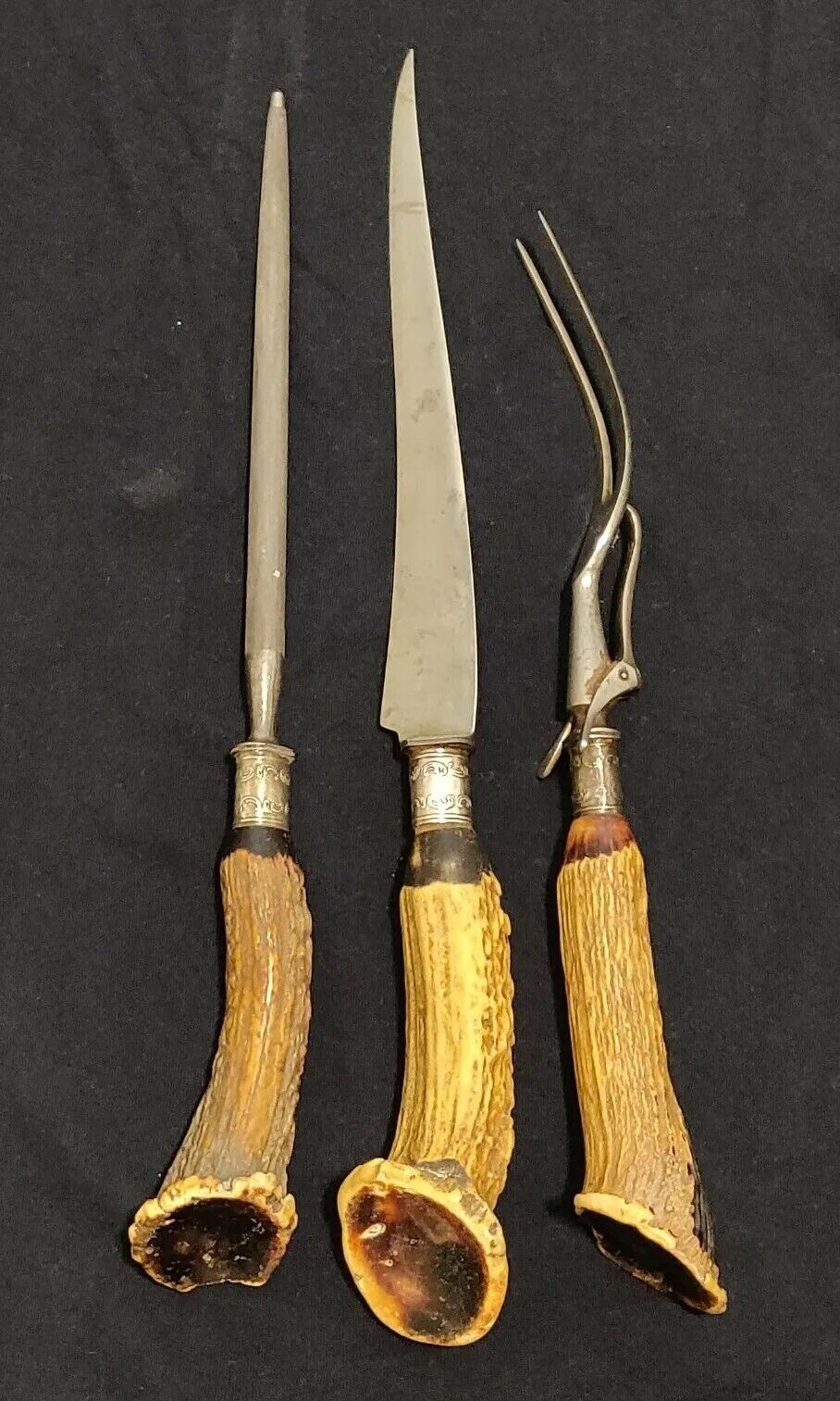 Antique LEE\'S Antler Handle Carving Set Sterling Silver Knife Fork Honing Rod