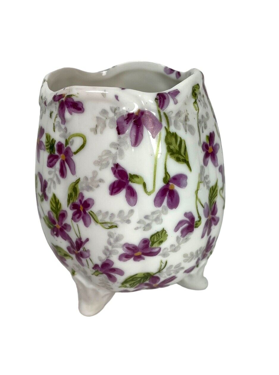 Inarco Cracked Egg Footed Planter Candy Holder Purple Flowers E-4986