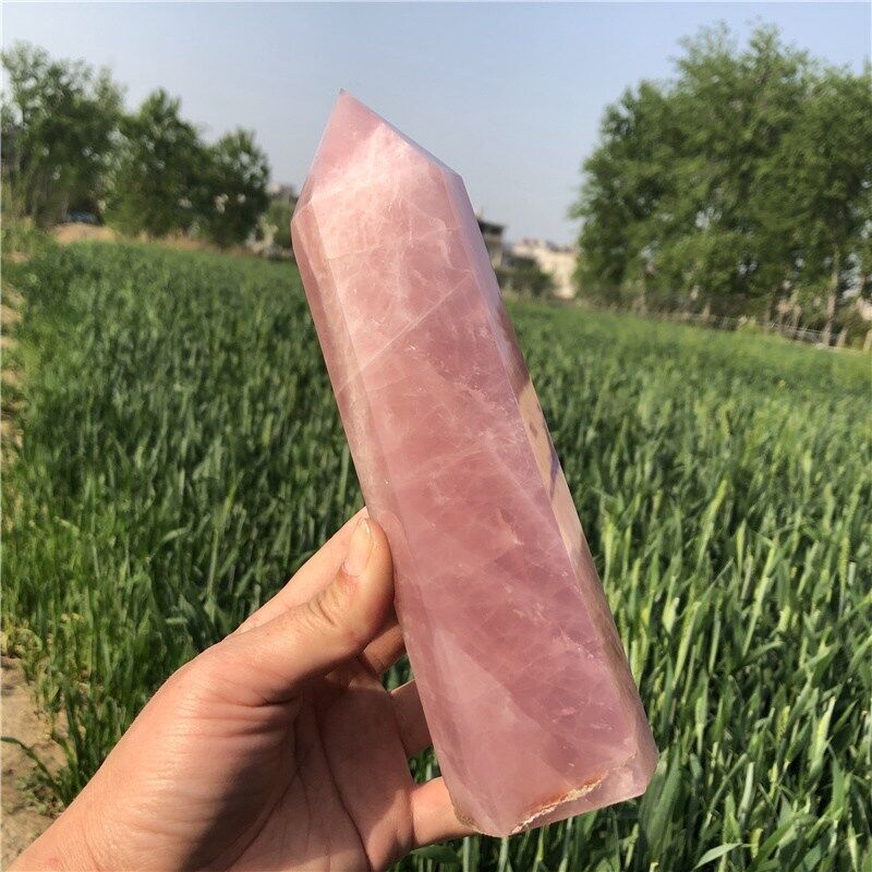 970g Natural Pink crystal crystal Obelisk Carved Quartz Crystal Wand Point