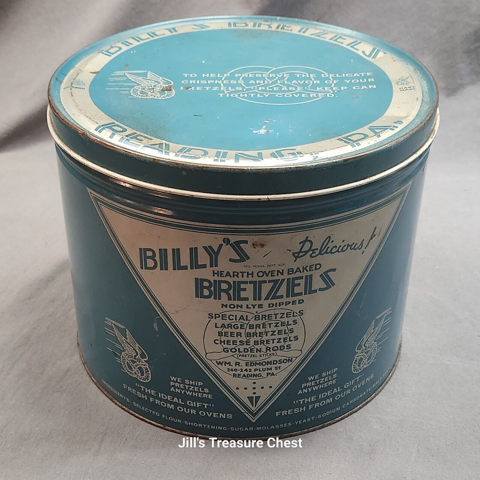 Vintage Billy's Bretzels Tin Advertising Can Pretzels Reading Pennsylvania Empty