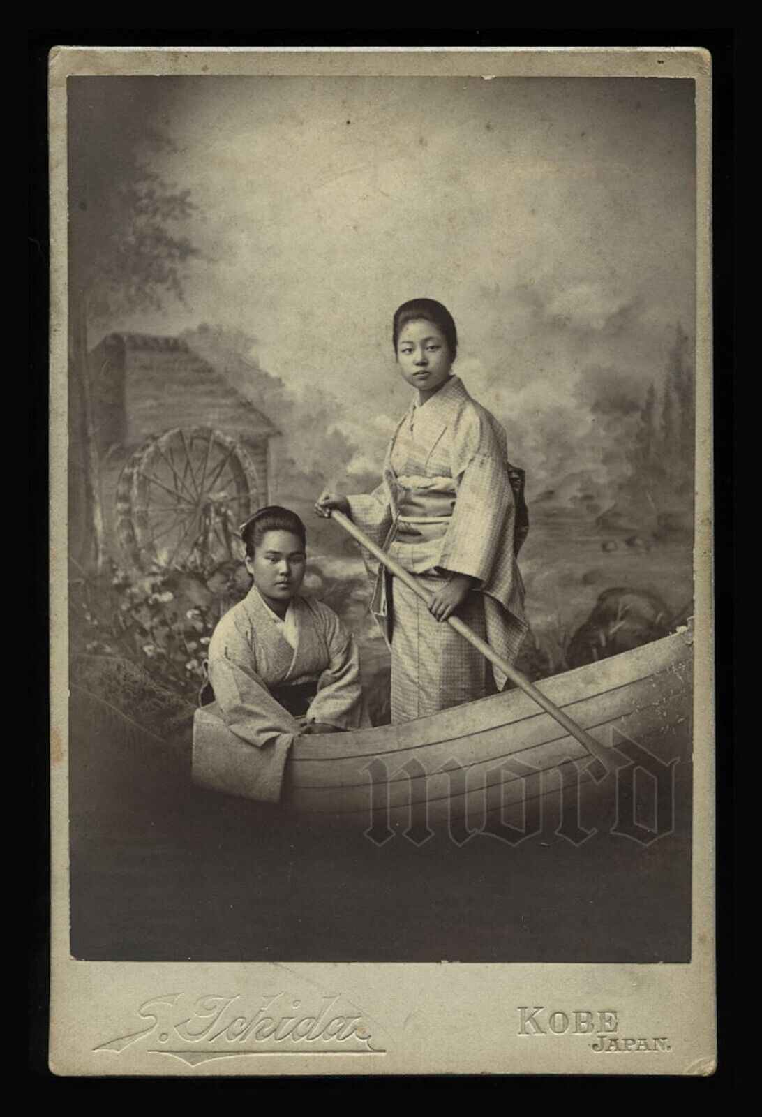 Japanese Women in Rowboat Signed Tanaka KOBE JAPAN 1800s Cabinet Photo
