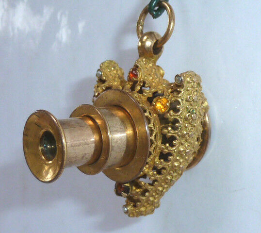 ANTIQUE 19thC FRENCH MONOCULAR SPY GLASS CHATELAINE FOB HEART SHIELD MINIATURE