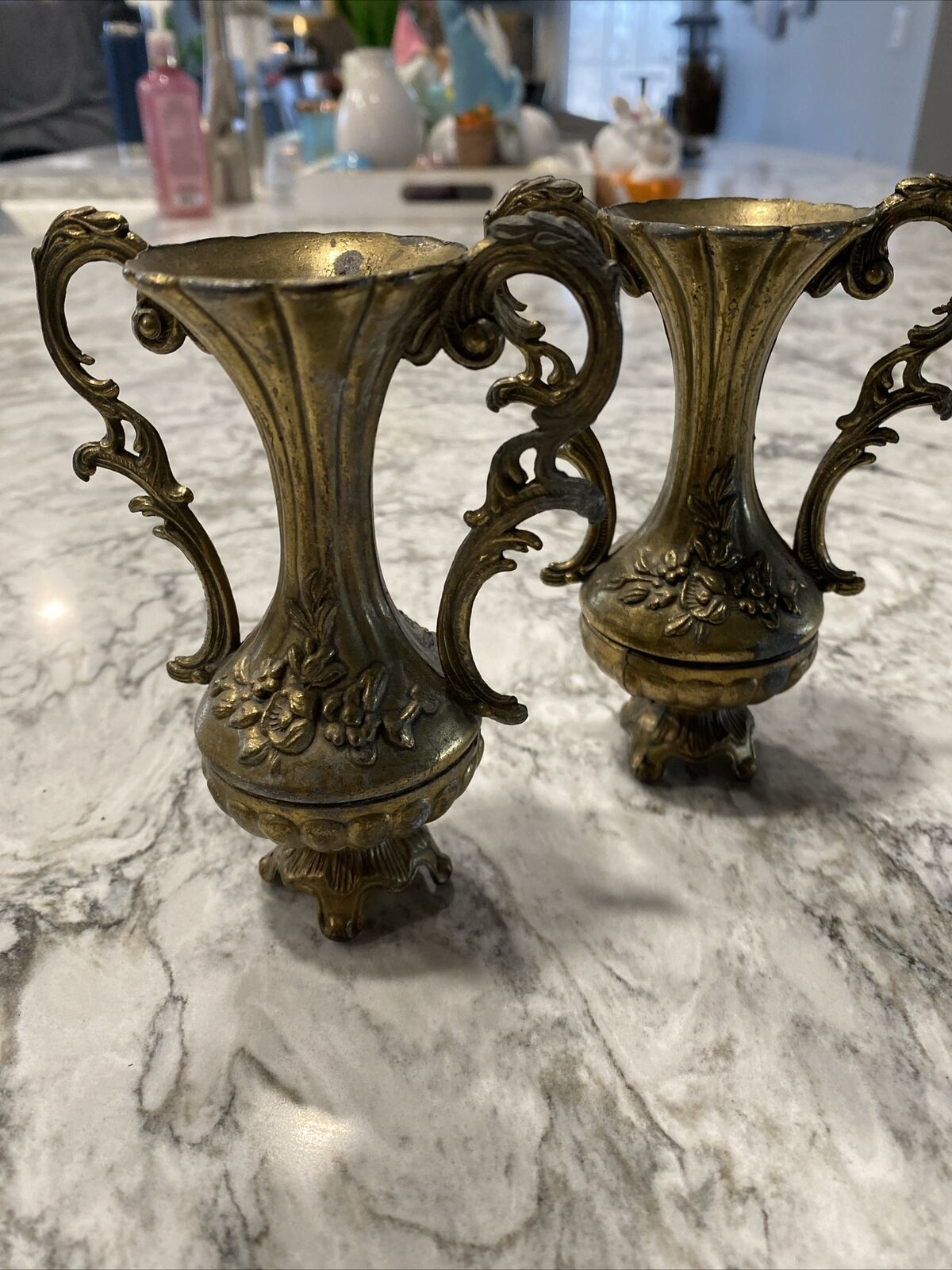 Vintage Italian Florentine Brass Ornate 5” Footed Vases - Made In Italy Set of 2
