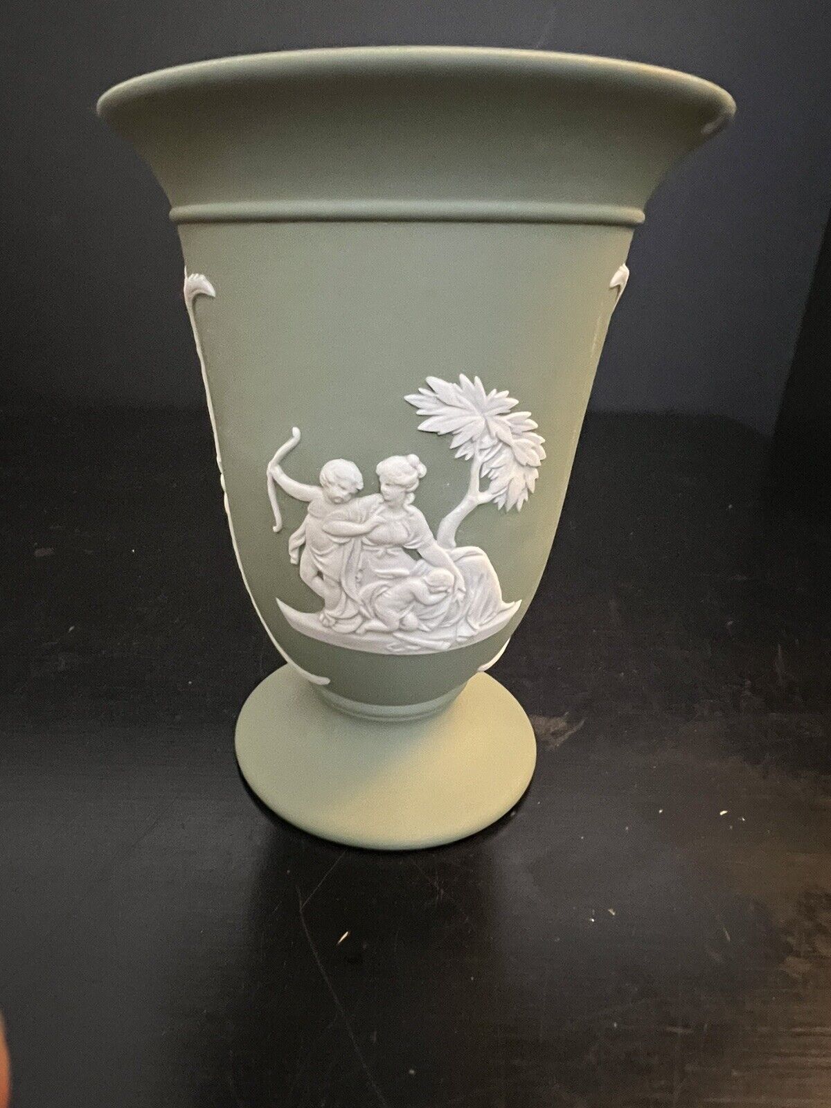 Vintage WEDGWOOD Jasperware Sage Green White Relief Vase 5” Venus / Cupid
