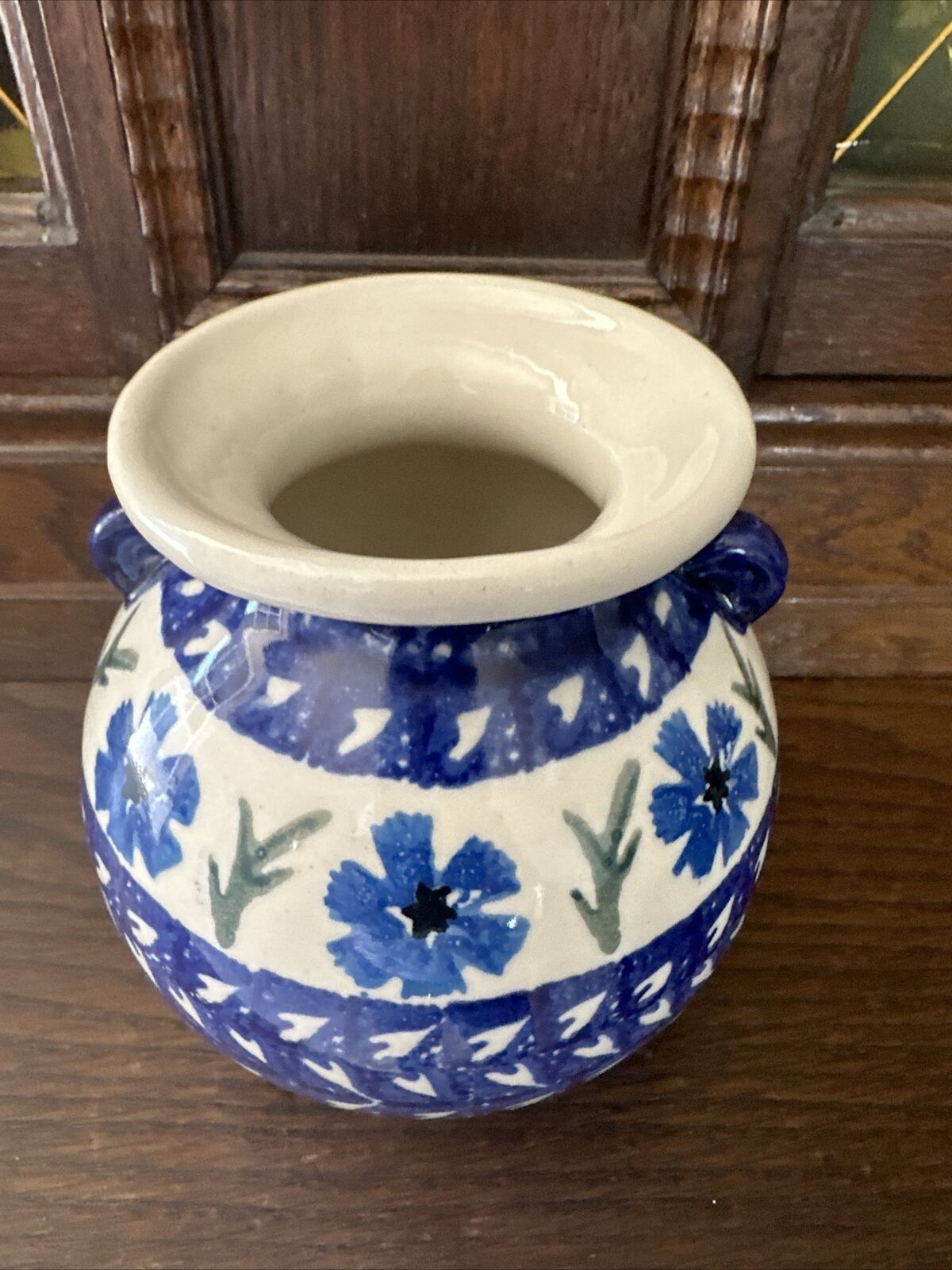 WIZA POLAND Round Bubble Vase Polish Pottery Small 5“Blue Flower Design, EUC