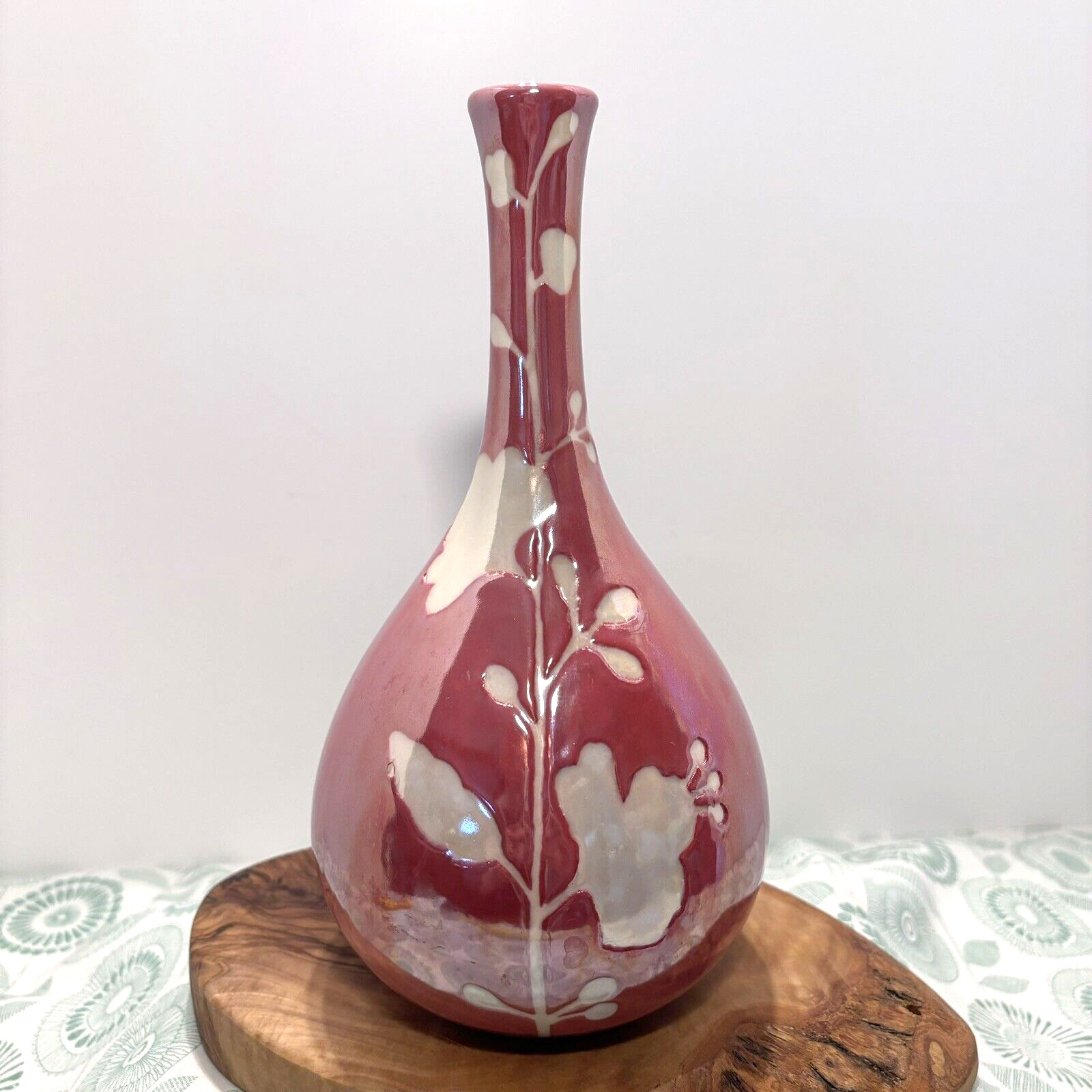 Pink Purple Ceramic Bud Vase with White Flowers Iridescent Glaze Lustreware 9.5\