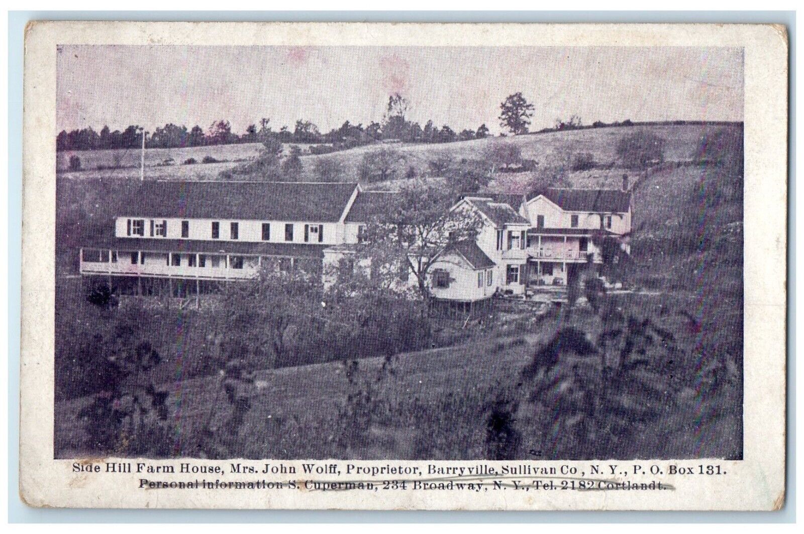 Side Hill Farm House Mrs. Wolff Proprietor Barryvillle Sullivan Co. NY Postcard