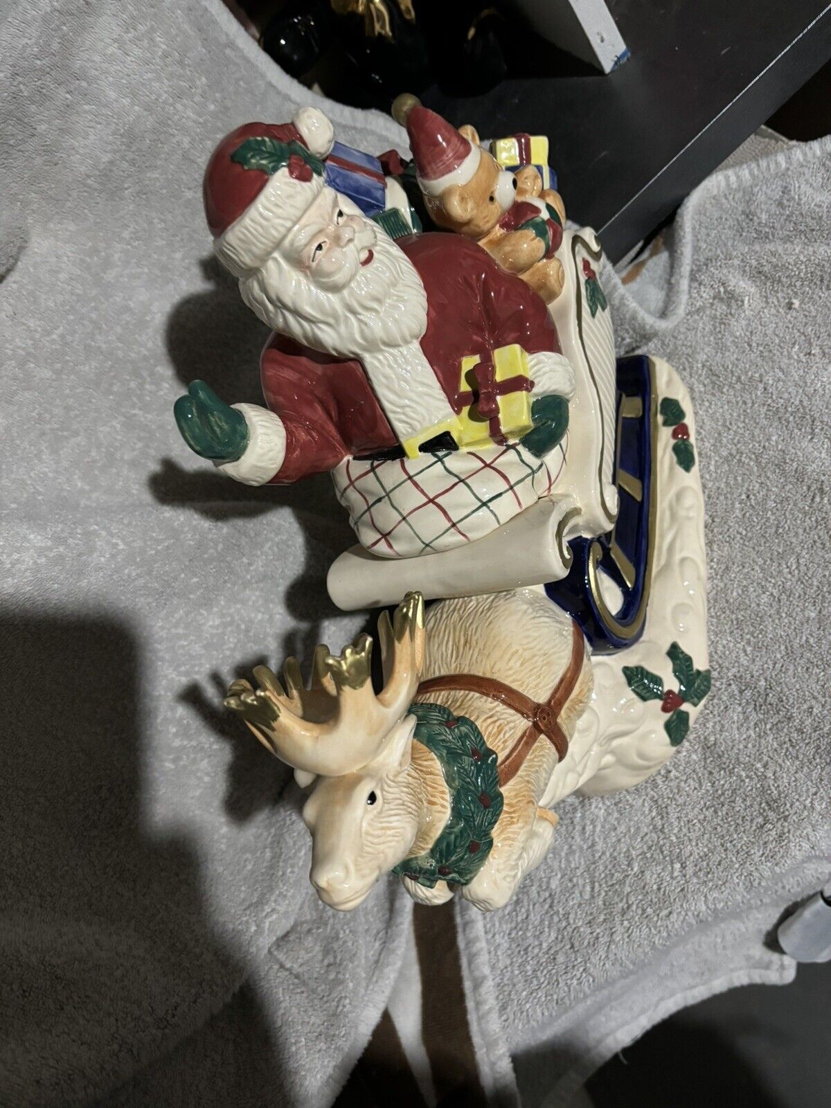 Fitz and Floyd Vtg Omnibus Santa Sleigh Reindeer Cookie Jar 1993 Excellent Cond