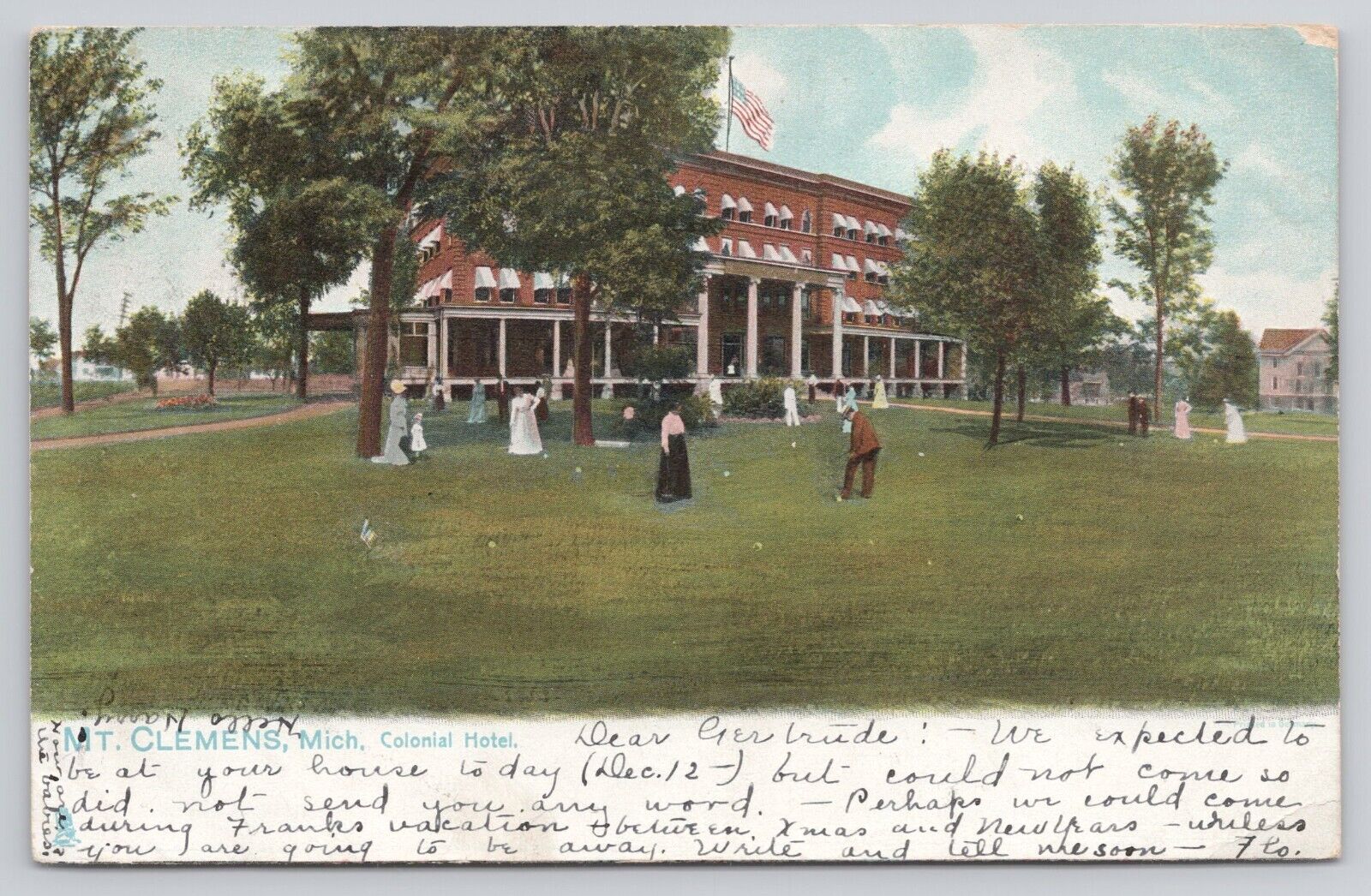 Colonial Hotel Mt Clemens Michigan Antique c1907 PM 1909 Raphael Tuck Postcard