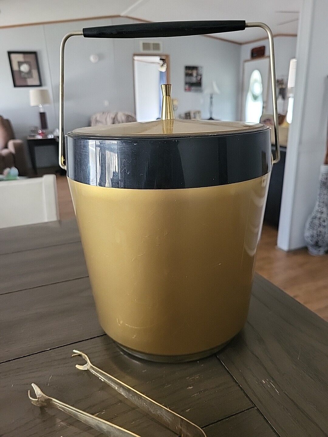 Vintage 1970\'s Insulated Ice Bucket with Lid Gold And Black MCM Retro 