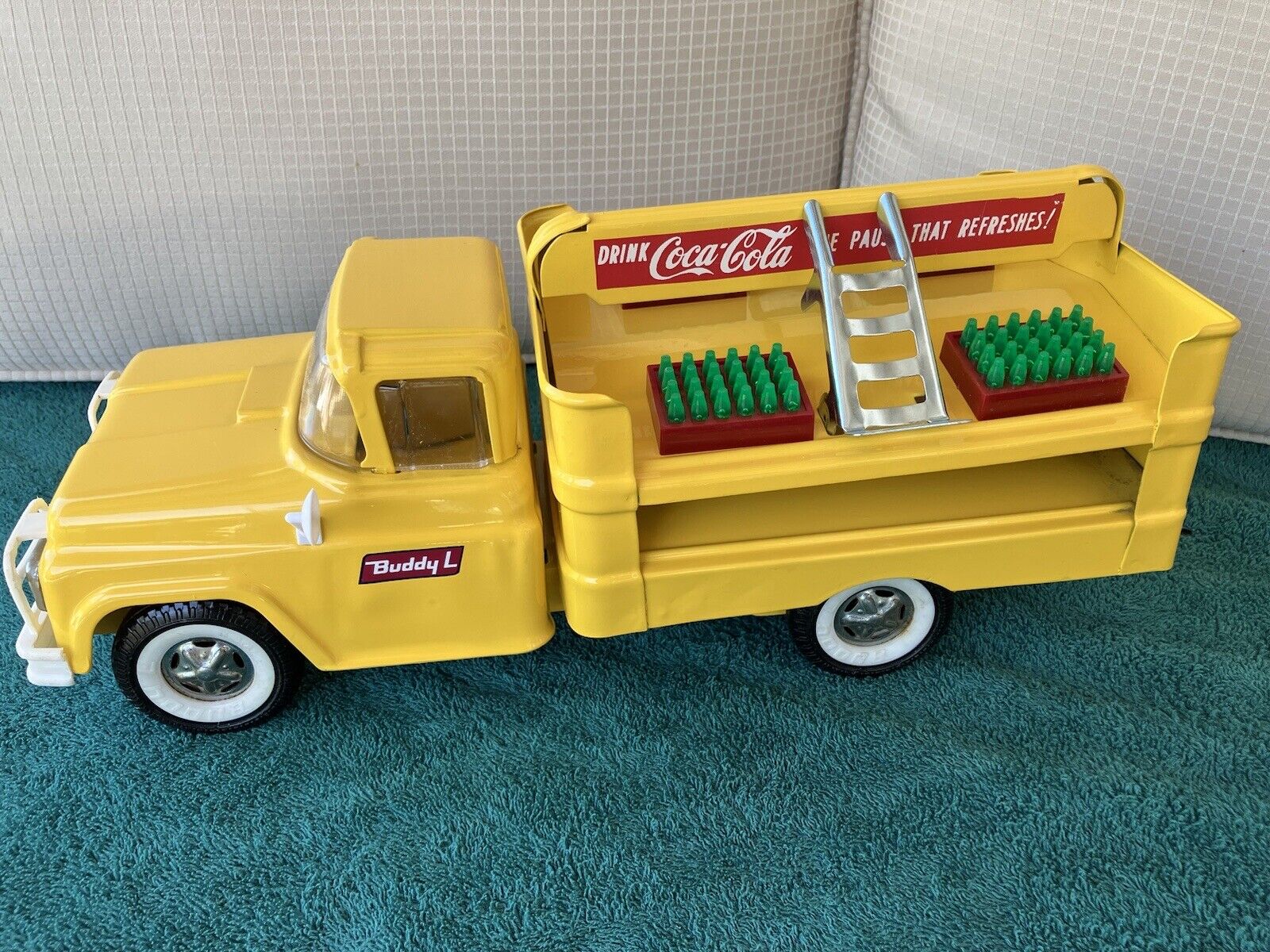 #3 Vintage 1961 Buddy L Yellow Pressed Steel Coca Cola Ford Delivery Truck 