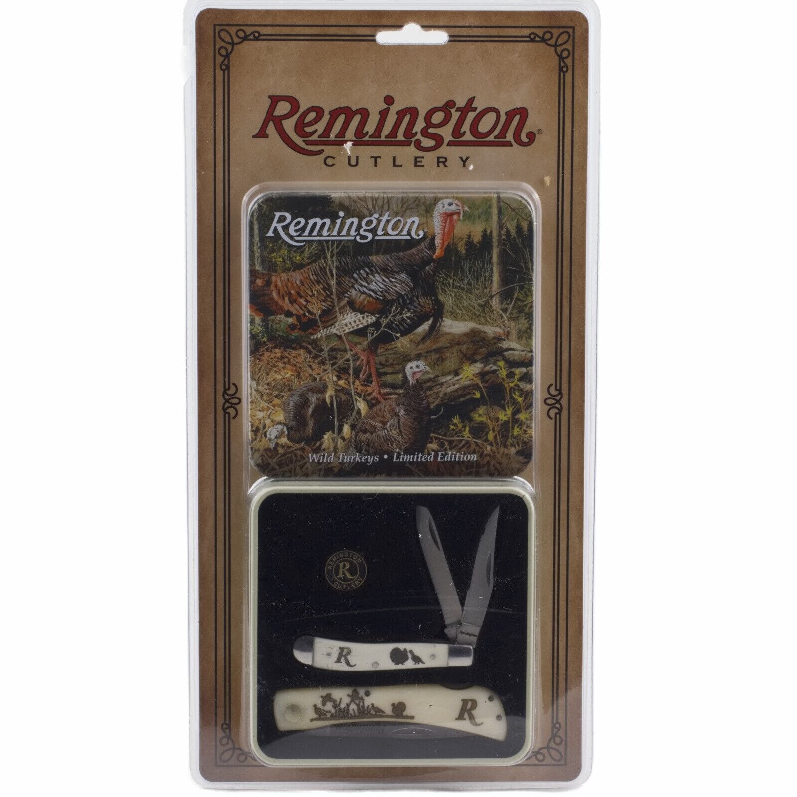 Remington Turkey Peanut Lockback Knife Gift Set Tin White Smooth Bone Handle