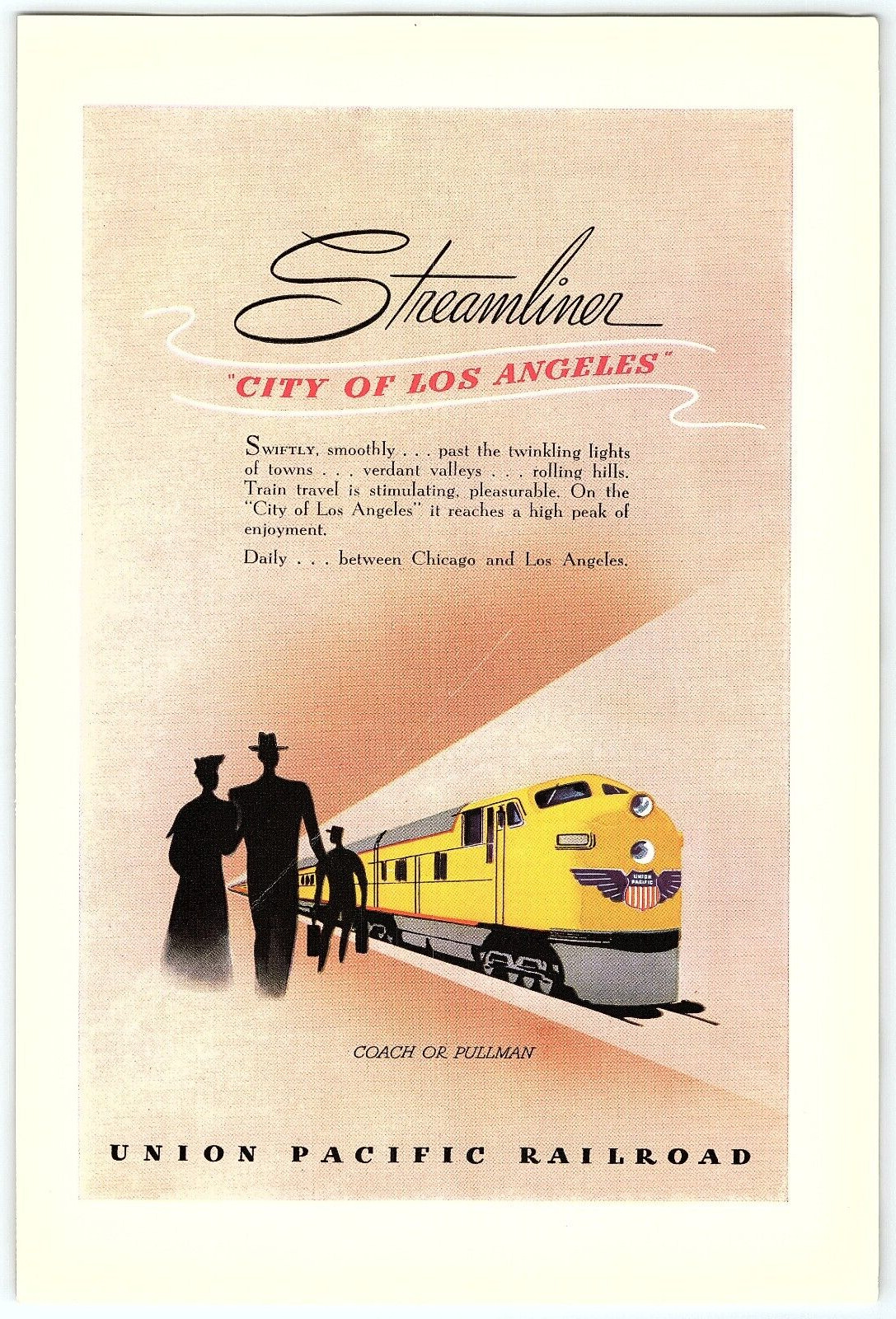 1940s UNION PACIFIC RAILROAD CITY OF LOS ANGELES STREAMLINER PRINT AD Z4249