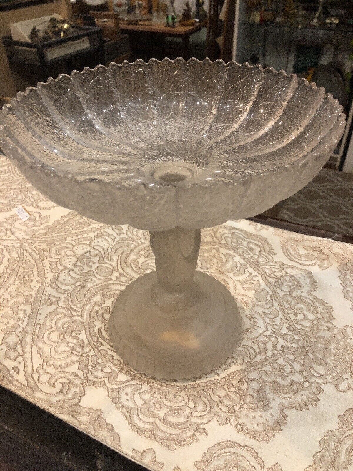 Vintage antique Large Satin glass Ladies  Hand Pedestal Bowl  Tazza Planter