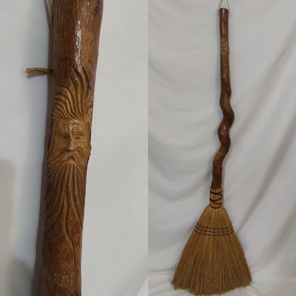 Vintage Handcarved Folk Art Natural Curled Wood Handle Large Broom Country Witch