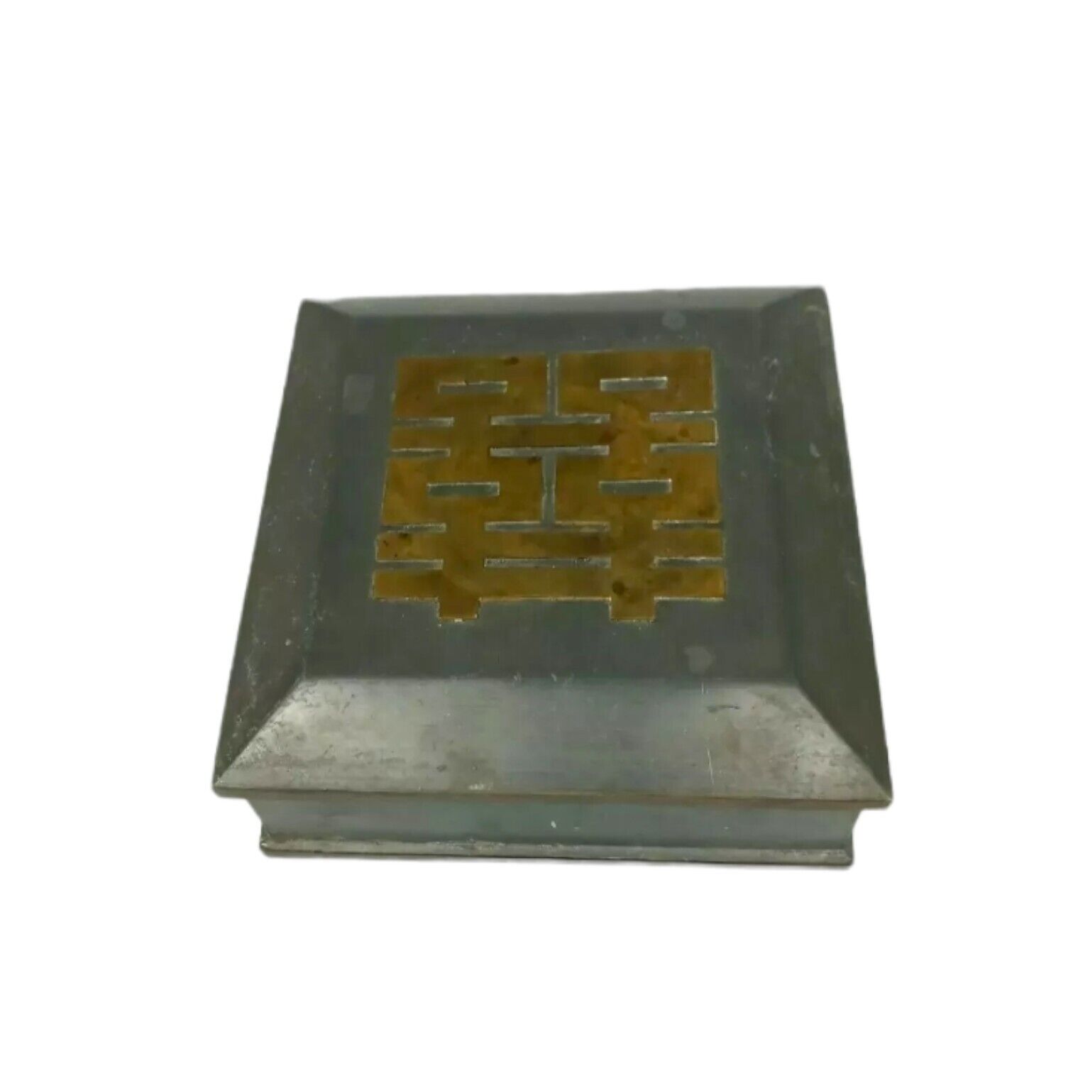 Vintage Chinese Pewter 5”x5” Trinket Box w/Brass Chinese Symbol Made in HongKong