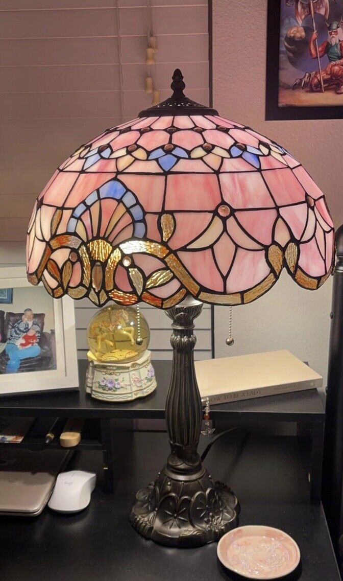 24” Tiffany style Stained Glass Classy Pink Victorian Accent Table Lamp
