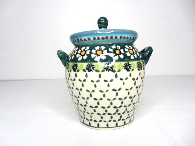 Wiza Poland Hand Made Painted Daisy Pattern Ginger Biscuit Jar Pottery Vintage
