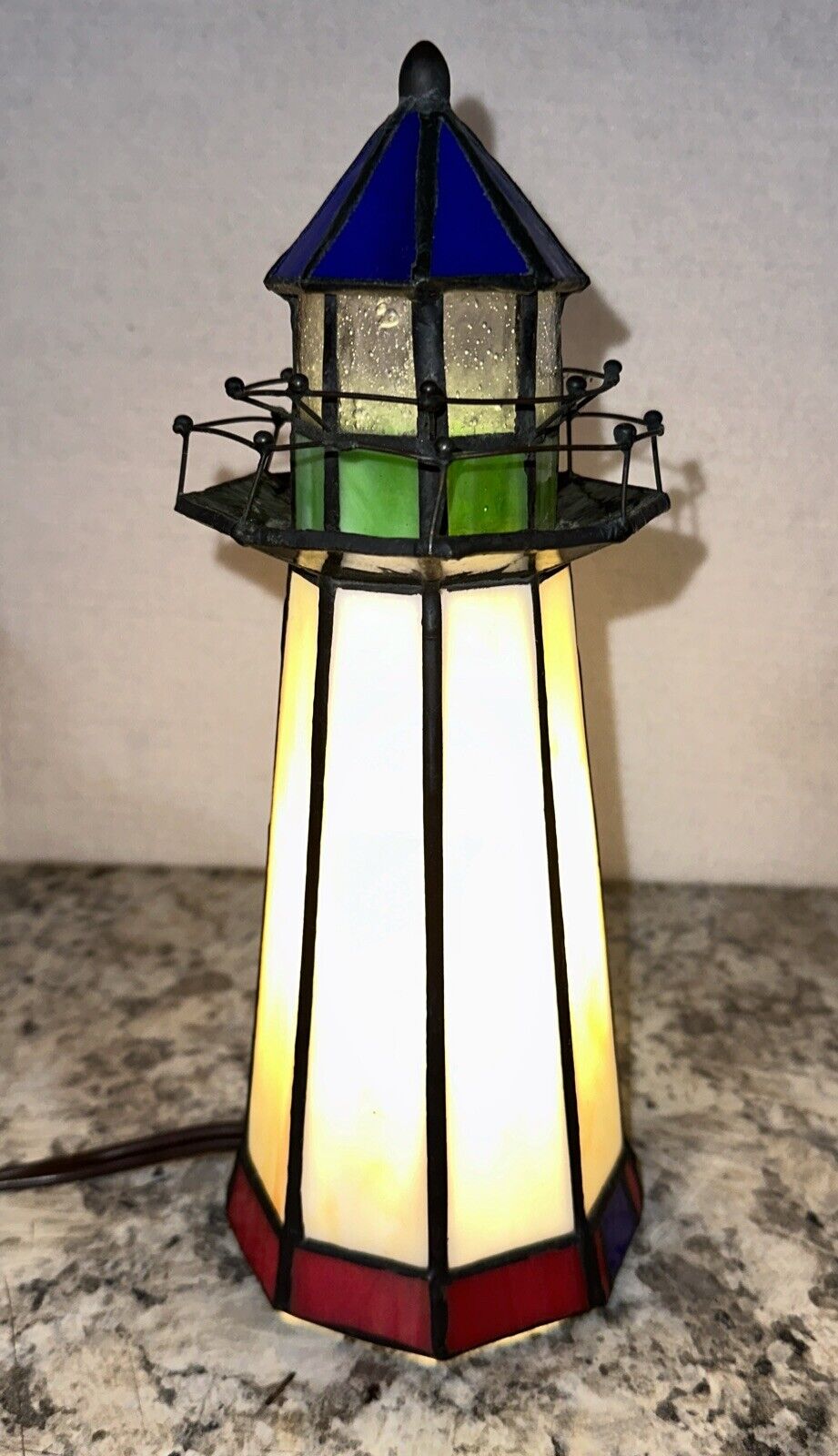 STAINED GLASS Light House Tiffany style 3 3/5”w X 10” h Night Light/Lamp EUC