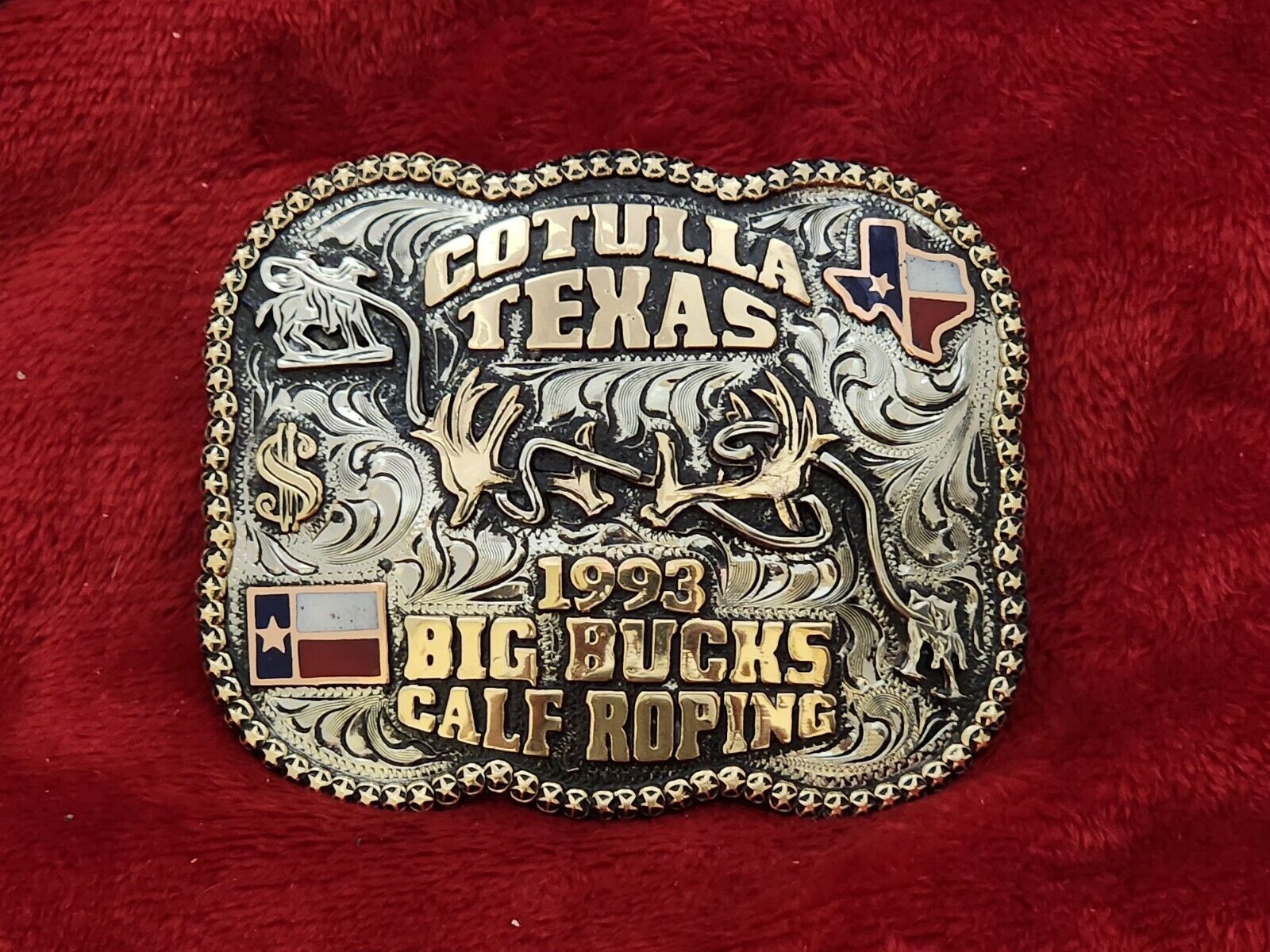 CHAMPION RODEO TROPHY BUCKLE PRO CALF ROPING☆COTULLA TEXAS☆1993☆RARE#331