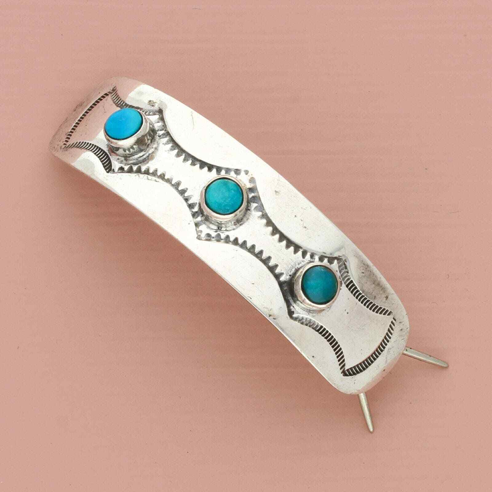 navajo sterling silver vintage stamped turquoise hair barrette clip