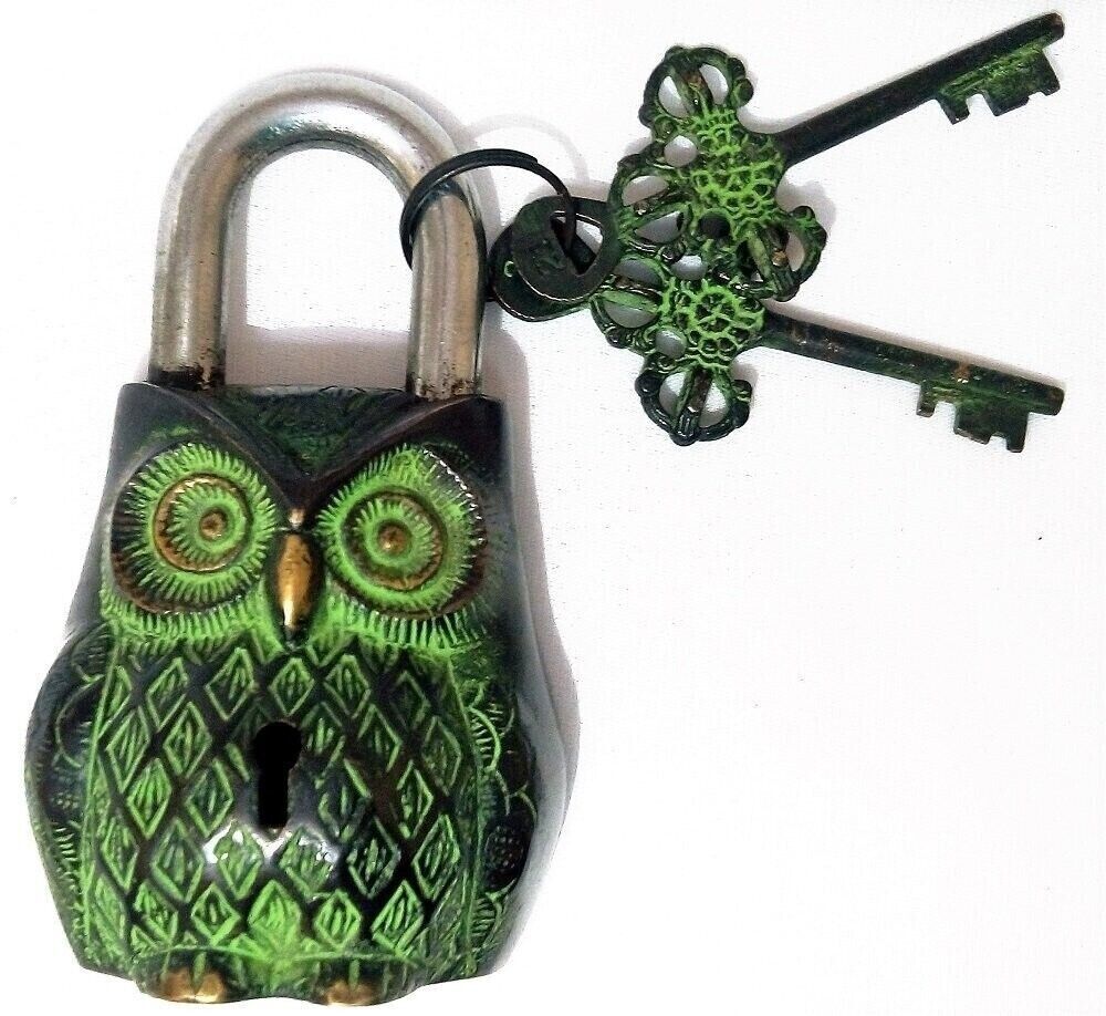 Handmade Owl Shaped Brass Lock Antique Handcrafted Locks Functioning with 2 Keys