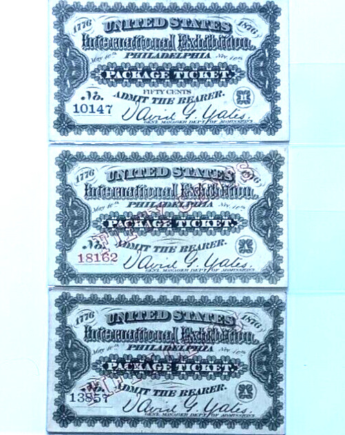 Lot Of 3 1876 Philadelphia Centennial Exposition World's Fair Admission Tickets