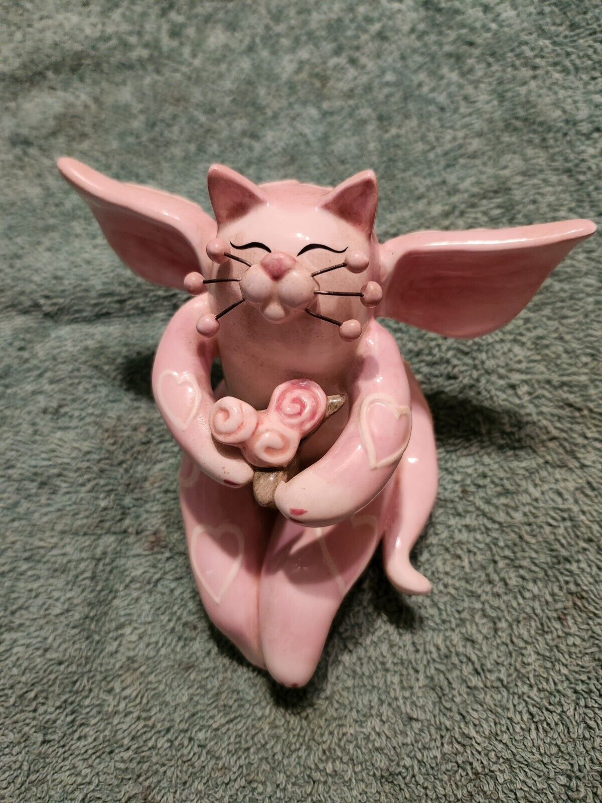 Amy Lacombe Whimsiclay Pink Porcelain ANGEL CAT & Roses Figurine 2002 Annaco 
