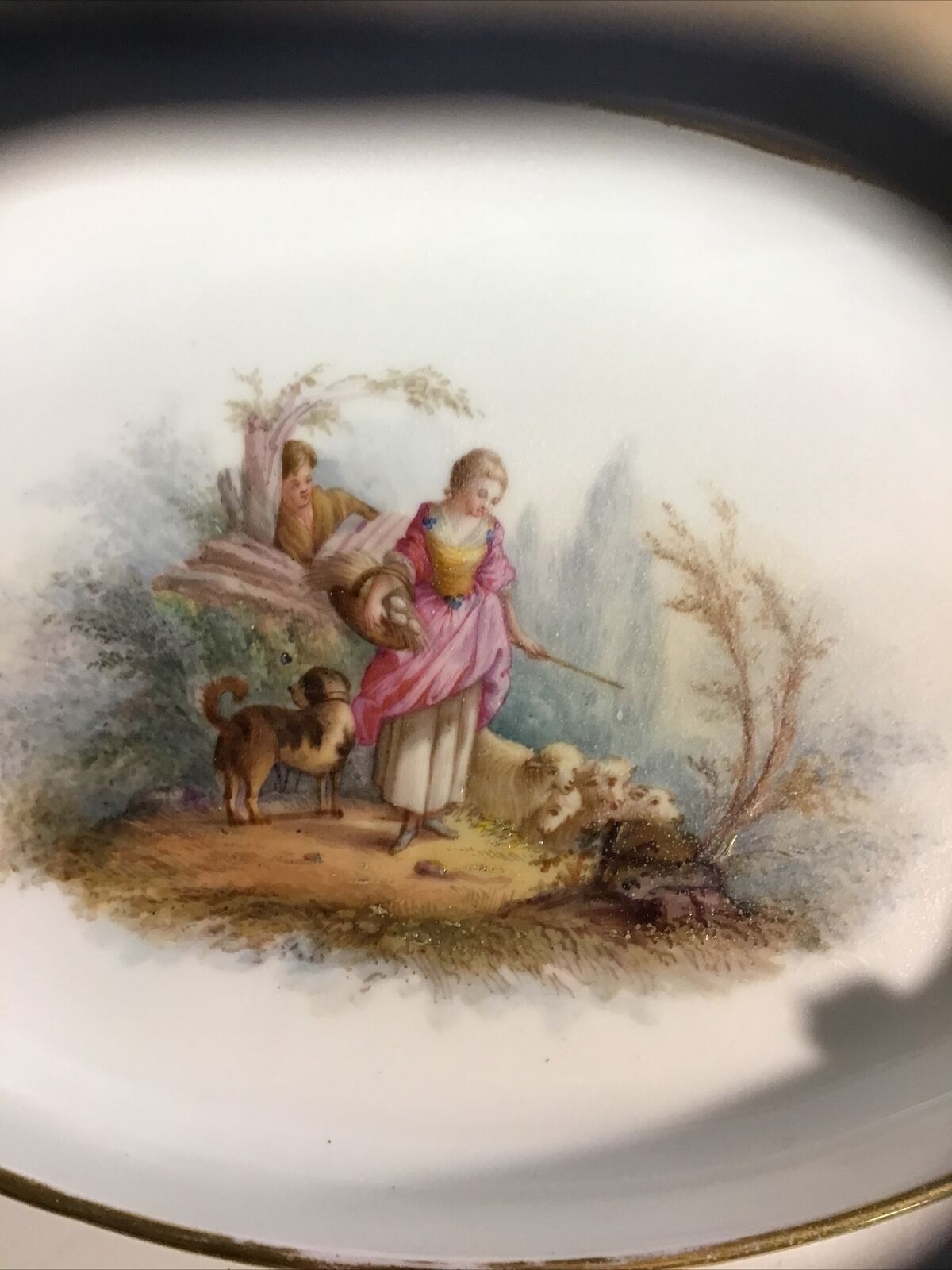 Antique 1852 French Sevres Dish Shepherdess with Dog and Man Looking On