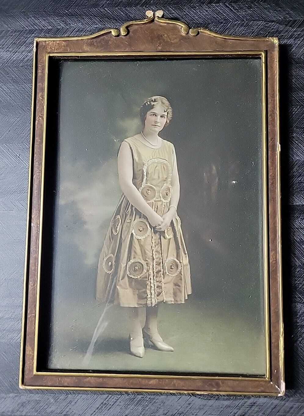 Beautiful Antique Hand Tinted Photo Woman Stunning Dress Picture Frame Art Deco