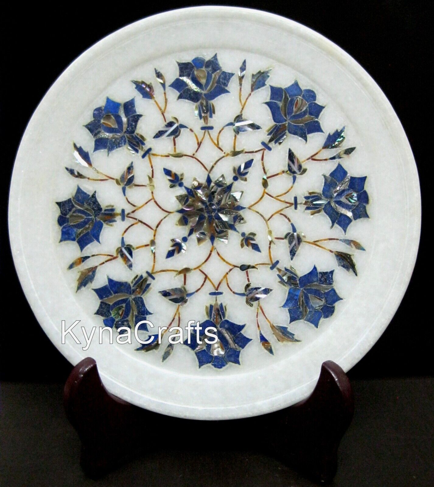 8 Inches Round Marble Decorative Plate Lapis Lazuli Stone Inlaid Giftable Plate
