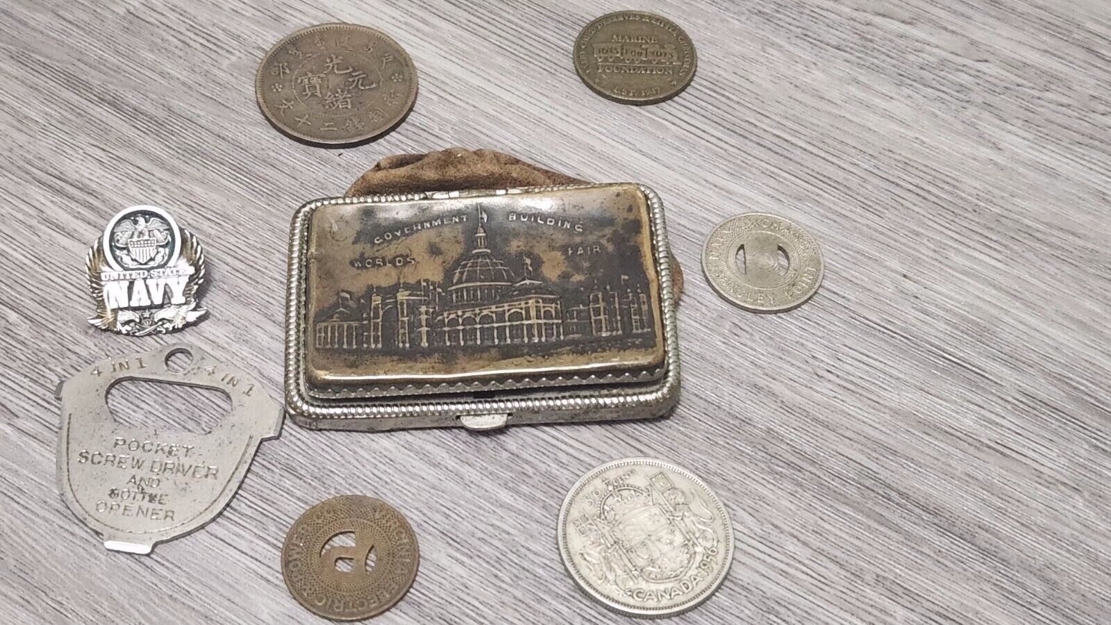 1893 Chicago World’s Fair COIN PURSE with Navy Memorabilia Silver Coin Gov. Bldg
