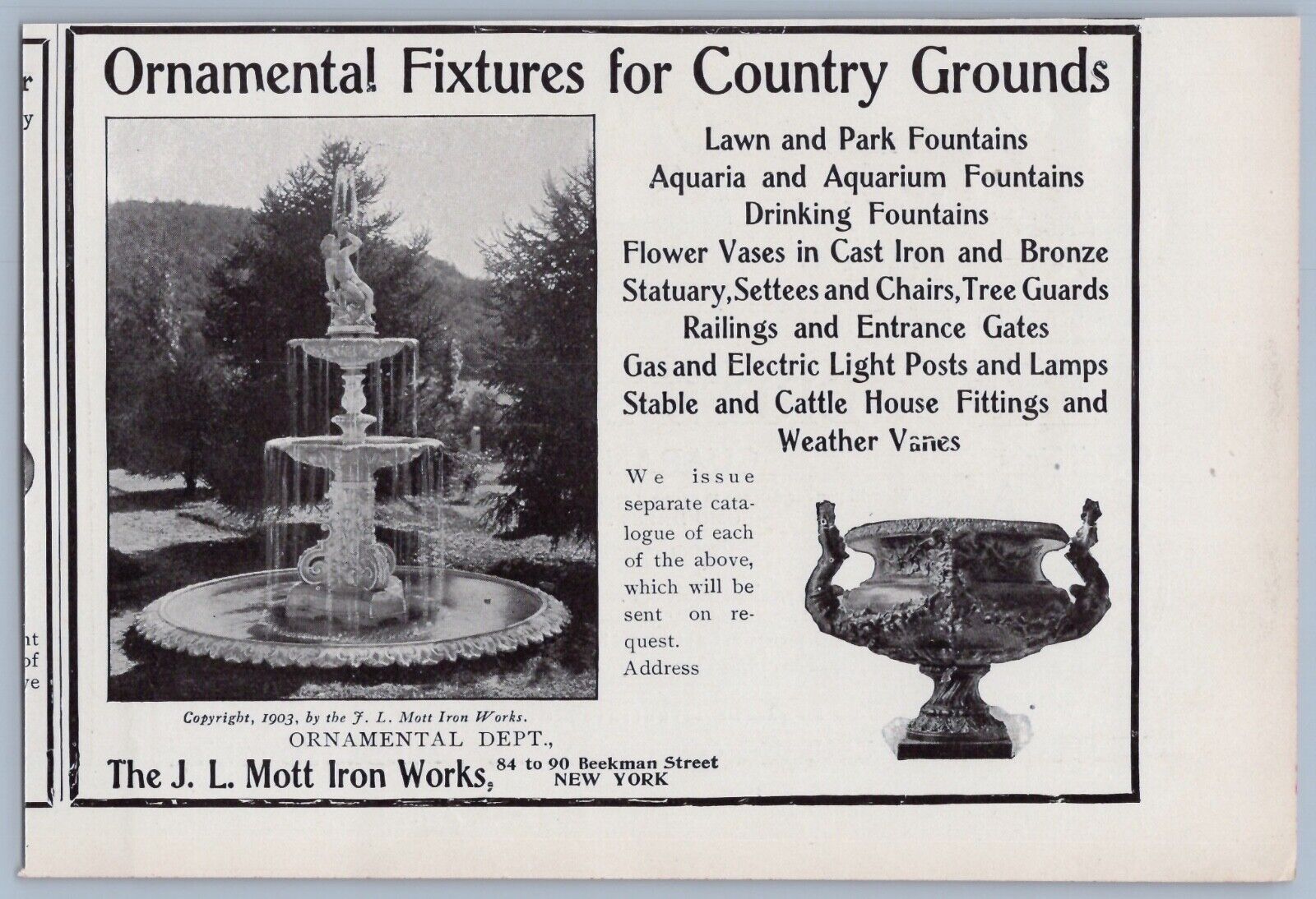 1906 J L Mott Iron Works Vintage Ad New York Garden Ornaments Fountain Vases