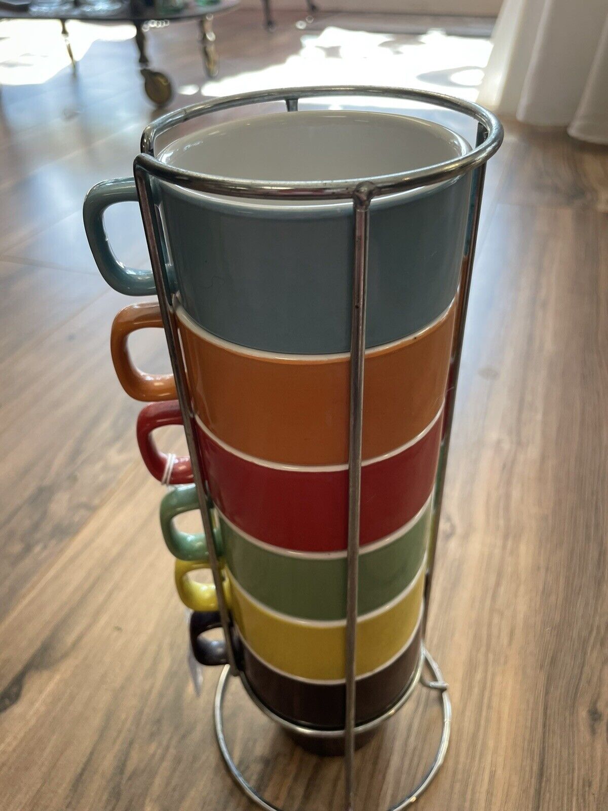 Six Beautiful Solid Colored Ceramic Mugs (4”) W/Silver Holder (11.5”) - Pi,