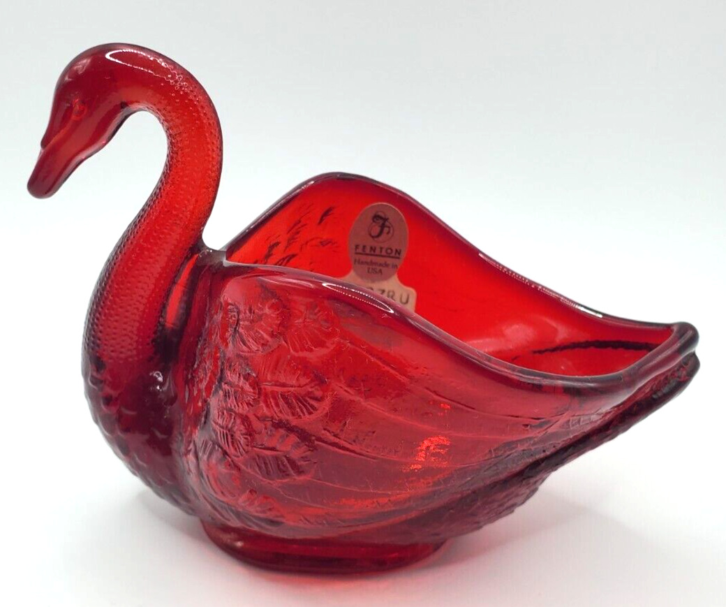 Fenton Ruby Red Swan Open Dish Tealight Glass Original Sticker Stamped Fenton