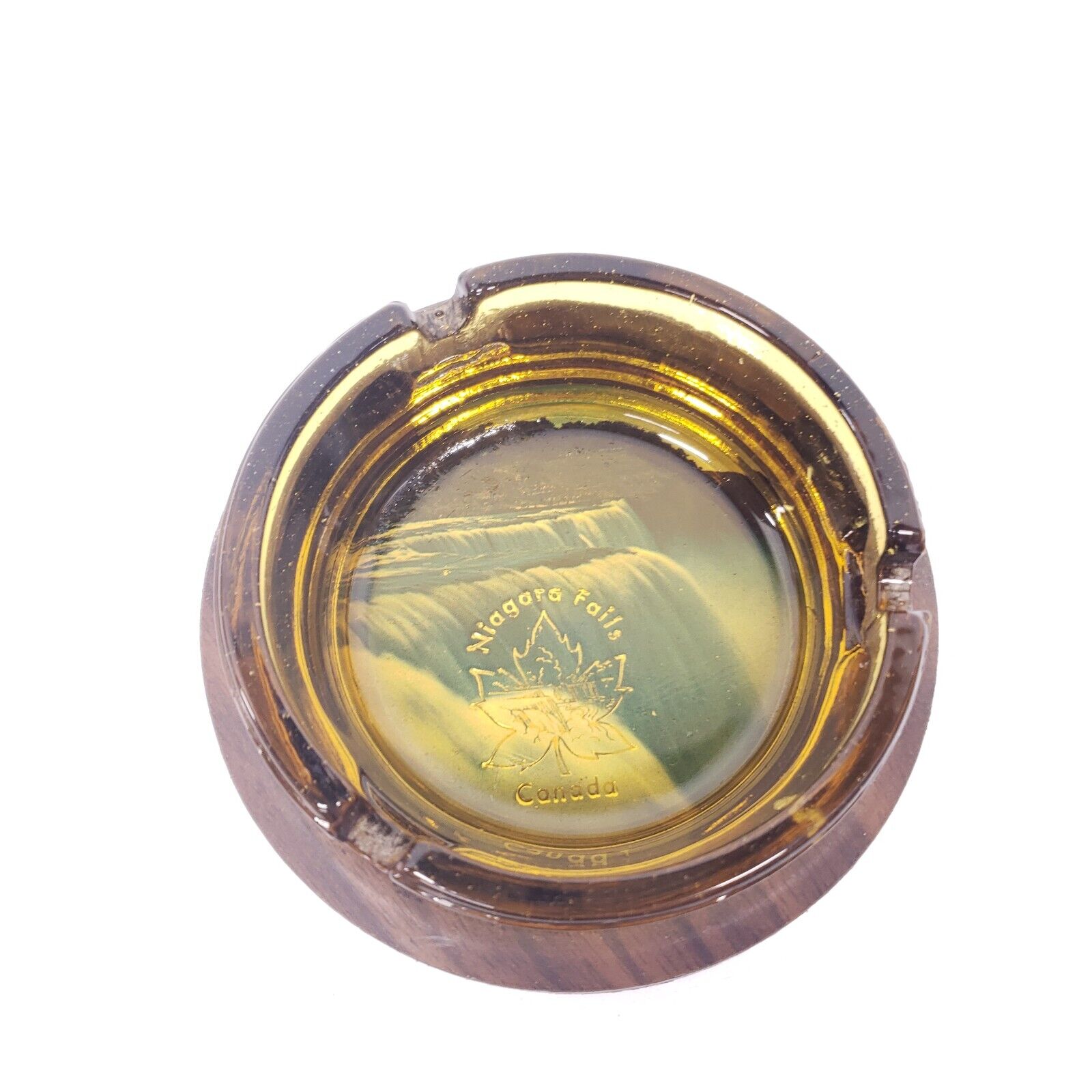 Vintage Souvenir Amber Glass Ashtray Niagra Falls Canada Maple Leaf