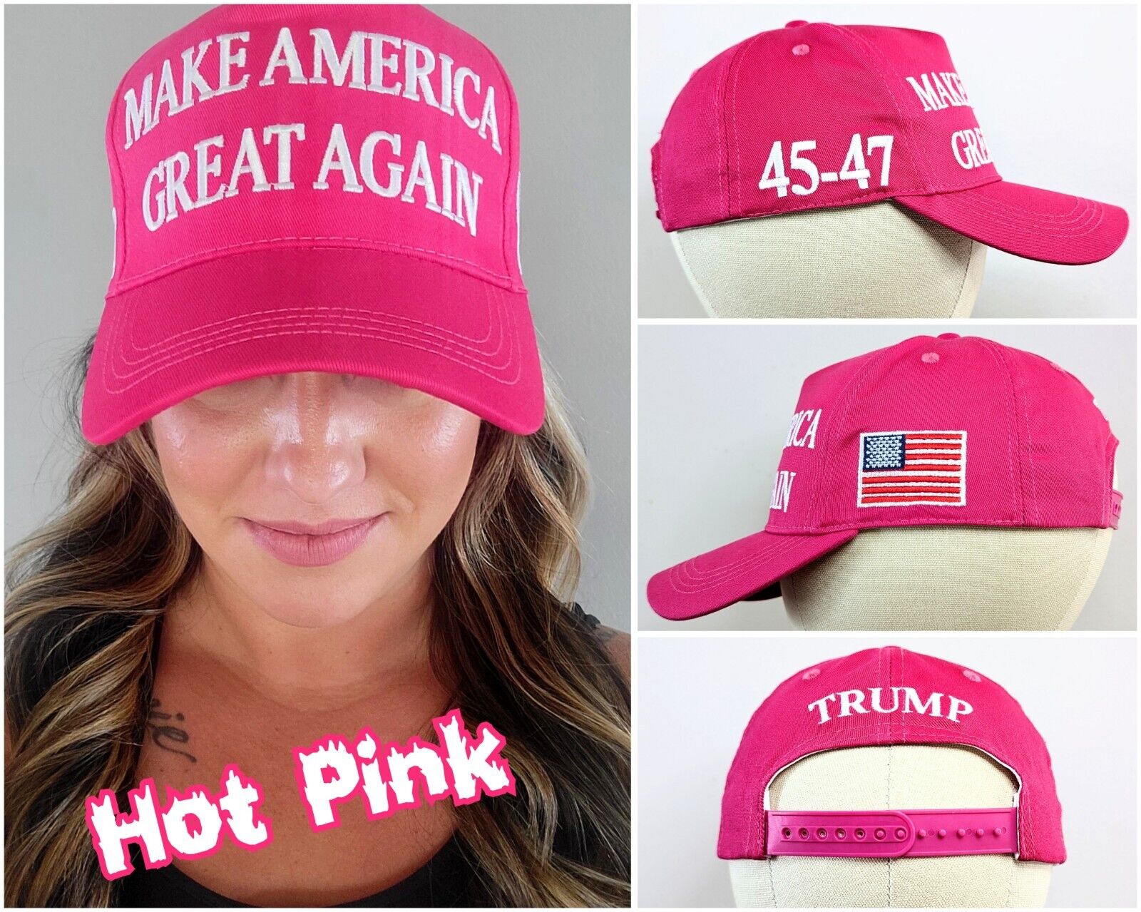 Hot Pink & White Official Trump 45-47 Make America Great Again 2024 MAGA Hat